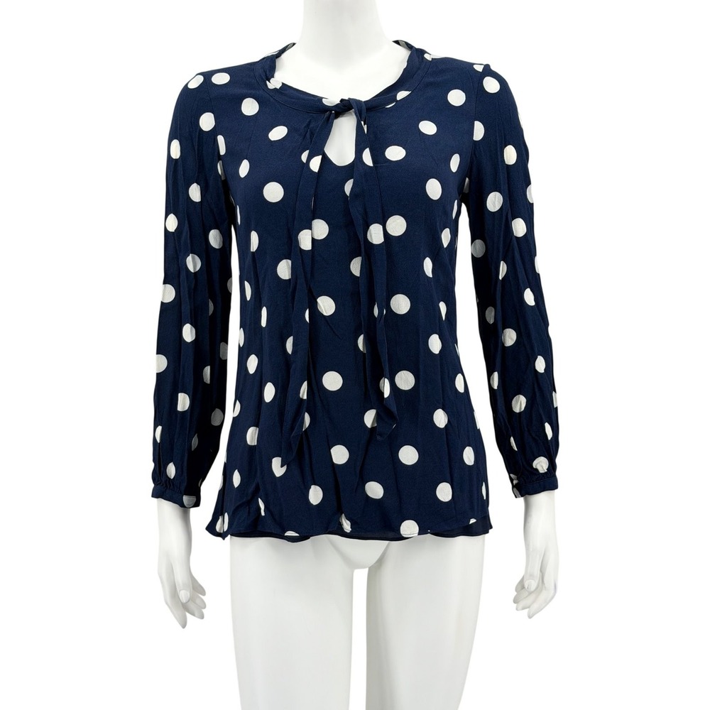 Sail to Sable Top Womens Small Navy Polka Dot Tie Neck Preppy Nautical Office